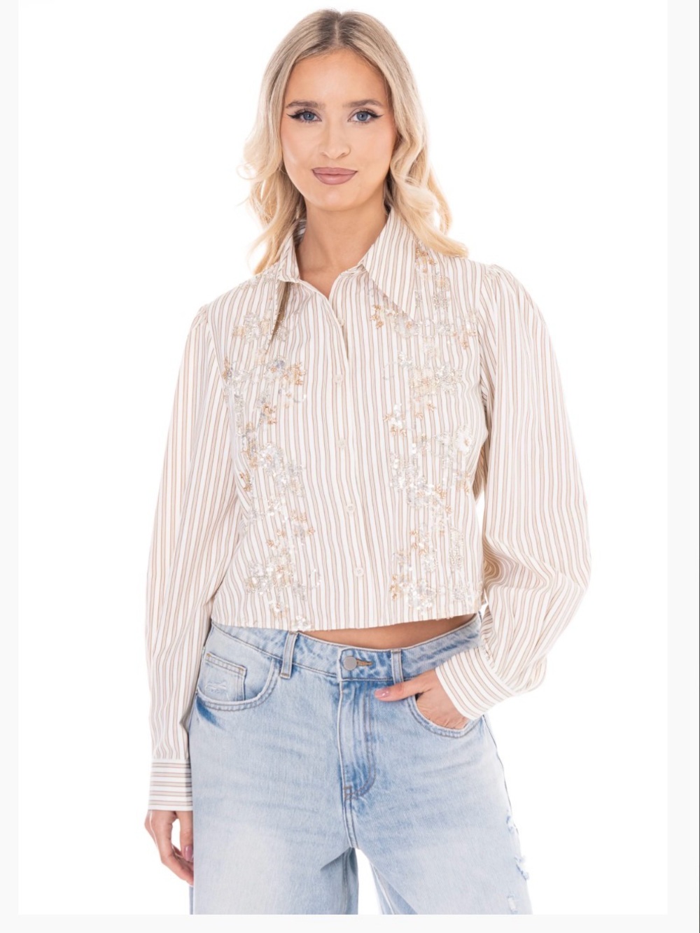 Elegant Embellished Cropped Button Down | Beaded Sequin Detail | SM117